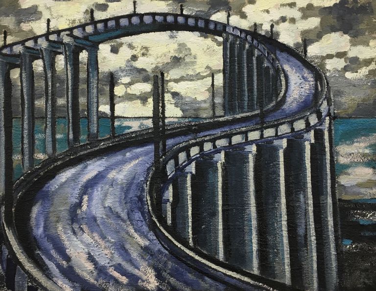 Surreale Brücke - blau-grau.
