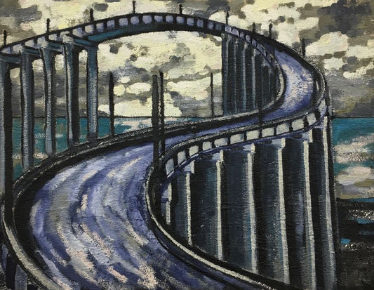 Surreale Brücke - blau-grau.