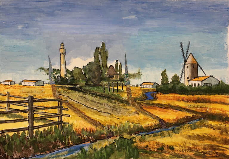 Landschaftsidylle mit Windmühle und Leuchtturm.