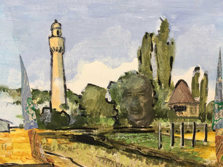 Landschaftsidylle mit Windmühle und Leuchtturm.