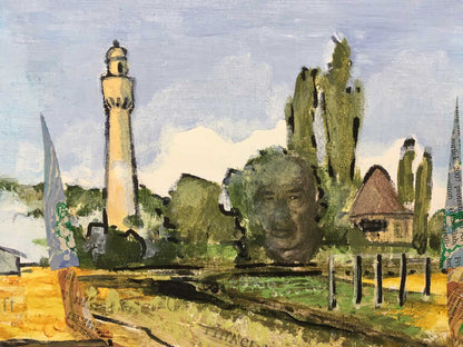 Landschaftsidylle mit Windmühle und Leuchtturm.